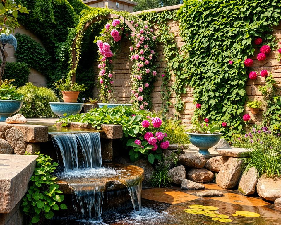 Wasserelemente und Kletterpflanzen im Garten